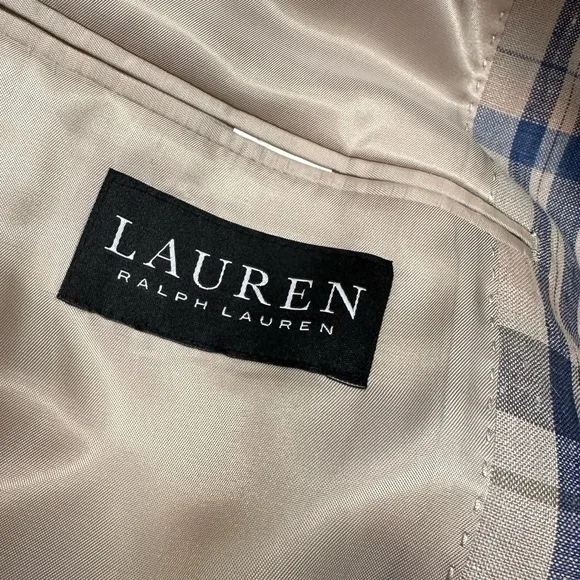 LAUREN Ralph Lauren Lassiter 100% Linen Blue, Brown and Tan Plaid Blazer, 46R - Picture 9 of 11
